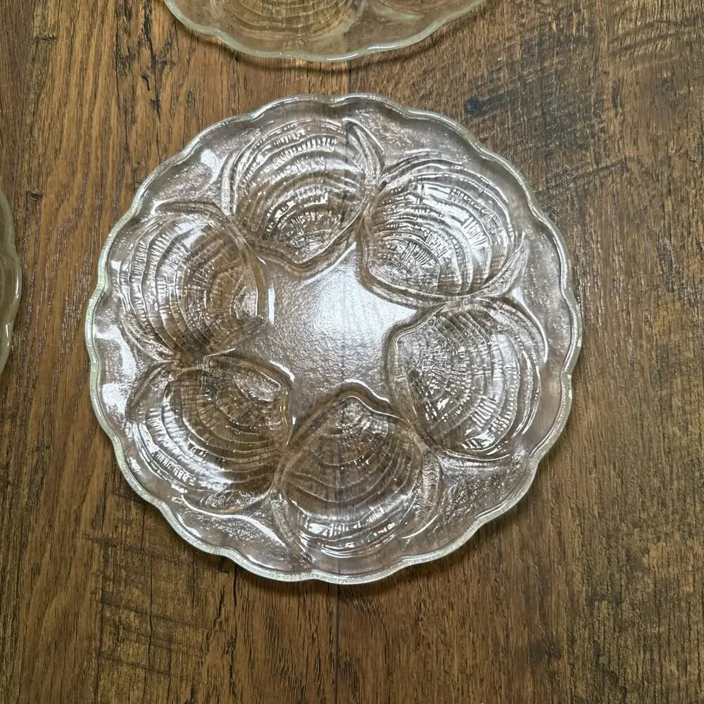 Toscany Clear Glass Oyster Decorative Plate 8” Half Dozen Oyster Motif Set 4 Vtg